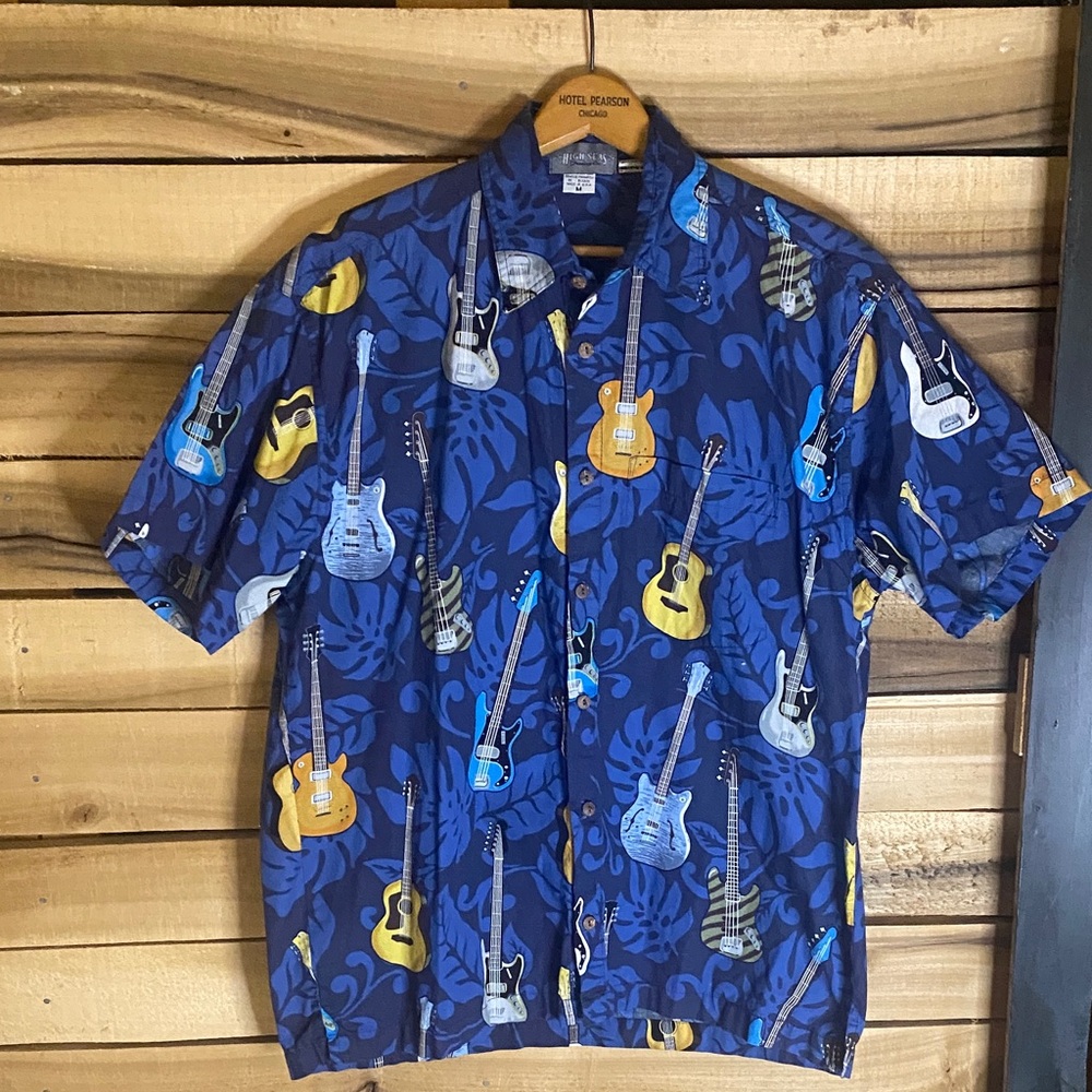 Vintage High Seas guitar print Blue Hawaiian Shirt medium made in USA